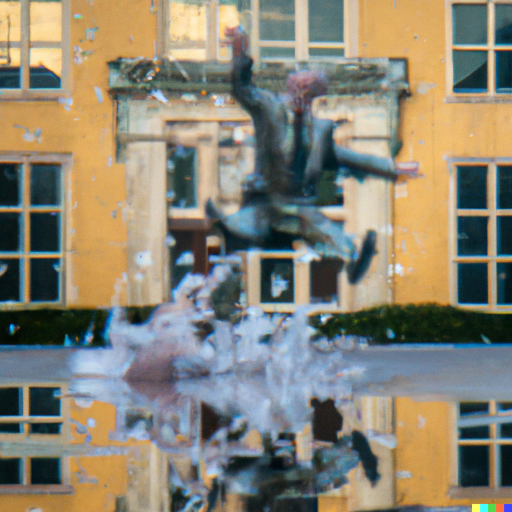 Impressionist painting of man jumping into a large puddle in front of a library