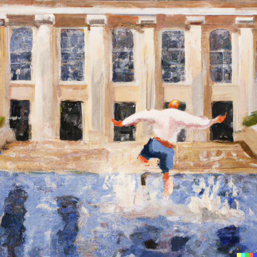 Impressionist painting of man jumping into a large puddle in front of a library