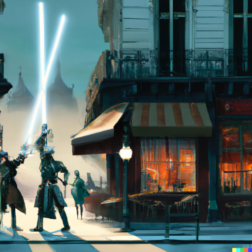 Oil painting of a light-saber duel in front of a coffee shop in Paris