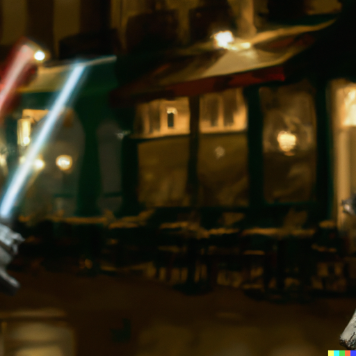 Oil painting of a light-saber duel in front of a coffee shop in Paris