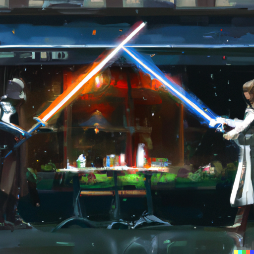 Oil painting of a Lightsaber Duel in Front of a Coffee Shop in Paris