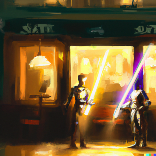 Oil painting of a light-saber duel in front of a coffee shop in Paris
