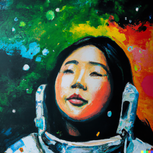 Oil painting of an astronaut floating in font of a nebula