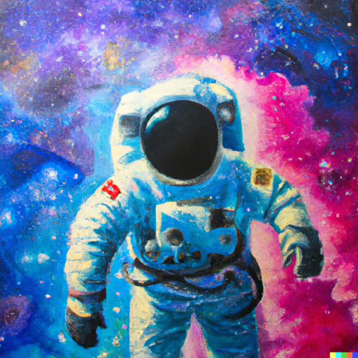 Oil painting of an astronaut floating in font of a nebula